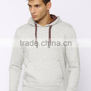 Grey Melange Hooded Sweatshirt For Man Long Sleeves With Elbow Patches Sweaters Kangaroo Front Pocket Ribbed Hem Hoody Custom