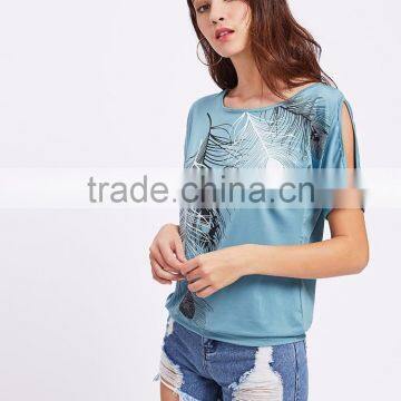 MGOO Design Custom Made Feather Print Split Shoulder Tee Short Sleeve Stretchy Soft Modal Tshirt Women Jersey Shirt photo-2