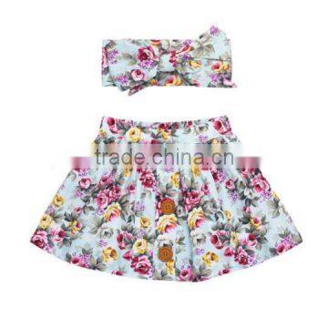 Summer Blue Flower Printed Dress Buttons Design Kids Clothes With Headband photo-6