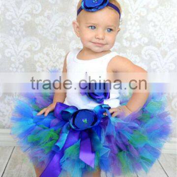 Wholesale childrens boutique clothing girls skirts and blouses fabric sash details blue and purple flower girls skirts