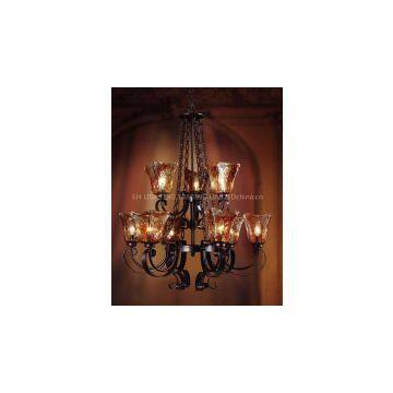 Chandelier, 9 Light, Classic Amber Iron Glass Painting