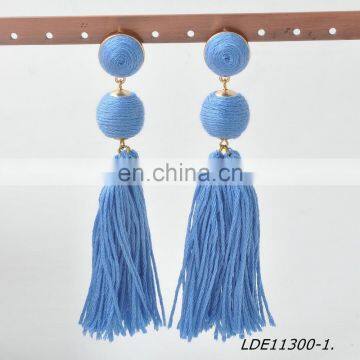 Gray and light blue doubble tassel pendant daggle earring gold thread wrapped hand-made charm earrings