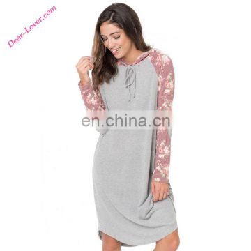 Red Floral Print Patchwork Long Sleeve Shift Strappy Hoodie Midi Dresses