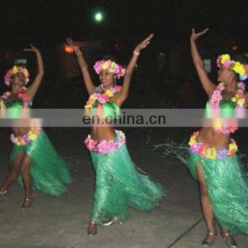 Green Hawaiian lei and green hula skirt