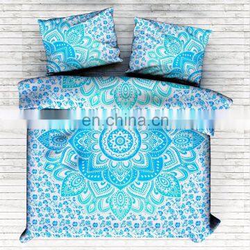 Latest Ombre Mandala Handmade Duvet Cover Cotton Hand Screen Print Blanket Cover With Pillow Cover King Size Green Color