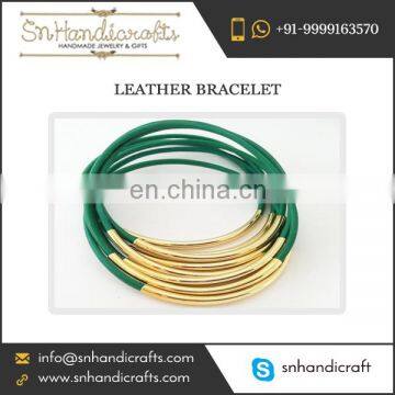 Bangle Shaped Green and Golden Colour Thin Leather Bracelet Available for Bulk Buying