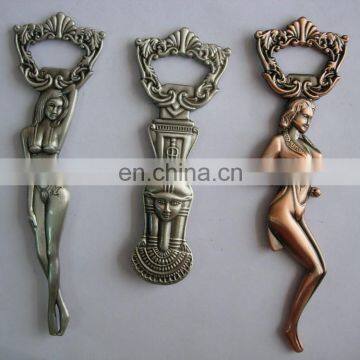 Promotional custom Egypt style 3D sexy lady brass & copper plated metal bottle opener