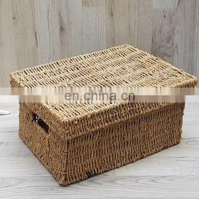 Hot Selling Vintage Wicker Lidded Basket, Rectangular Seagrass Basket Box With Handle Wholesale