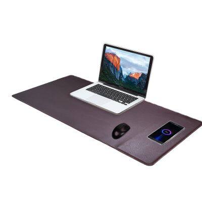 Blue Large Office Desk Pad with 15W Wireless Charging Non-Slip PU Leather Gaming Mouse Pad Customizable Logo