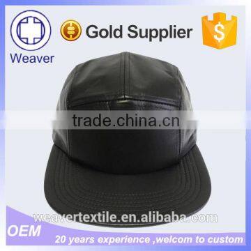 Blank China Good Wholesale Black Leather Strap Faux Leather 5 Panel Hat Manufacture
