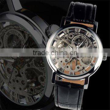 WM119 New Men's Black Leather Luxury Skeleton Dial Hand-Wind Up Mechanical Wrist Watch