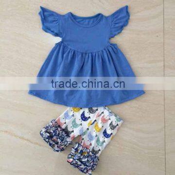 High quality chicken printed girls boutique clothing kids clothes baby blue girls decorative outfit