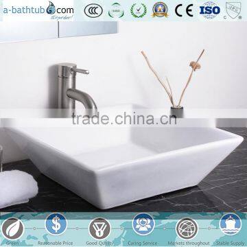 White Ceramic Bathroom Vessel Sink, Porcelain Square Basin + Free Drain