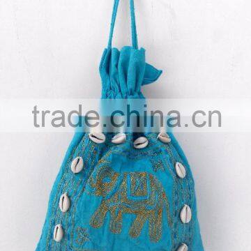 100 % Cotton Banjara Potli Bag With Elephant Design and Shells Ibiza Bag
