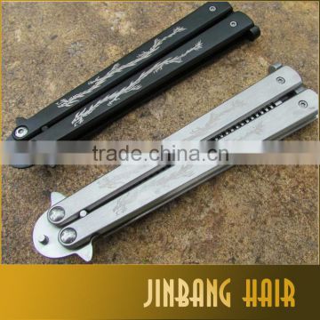 New Arrival Pro Salon Stainless Steel Folding Practice Training Butterfly Balisong Style Knife Comb Tool Carved Double Dragon