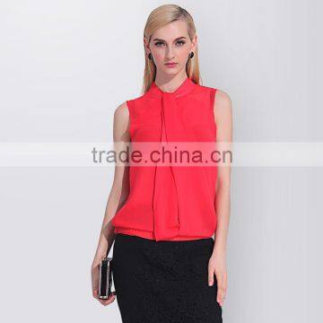 Women's Sleeveless Chiffon Blouse Top For Summer Fashion Red Color Shirt With Stretchy Bottom