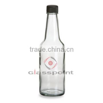 Glass Bottles, 10 oz Clear Glass Sauce Bottles w/ Gold Ribbed Lined Caps & Orifice Reducers