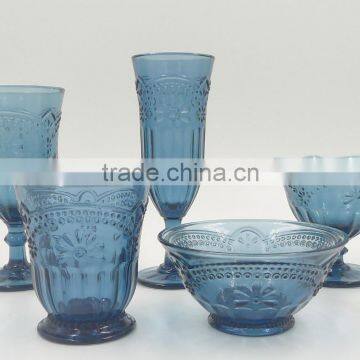 press Wine goblet,Hiball,DOF, sundae cup color glass in ink blue with sakura design embossed