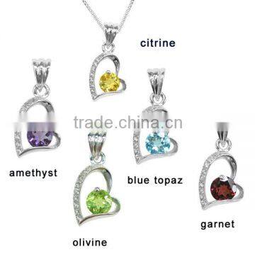 Assorted Color Heart Shape 925 Sterling Silver Gemstone Pendant