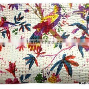 RTHKG-53 Parrot Sparrow Bird Floral Printed Vintage Look 100% Cotton kantha Gudari Bedspread Double / Single Bed Throws Jaipur