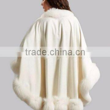 New Fashion Large Size Women White Cashmere Cape With Big Fox Fur Trim photo-3