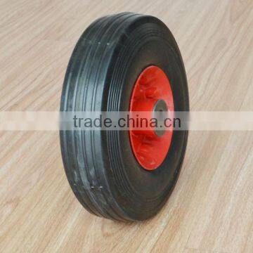 8x2.5 inch solid rubber wheel with rib tread and red iron rim for mowers or material handling equipment