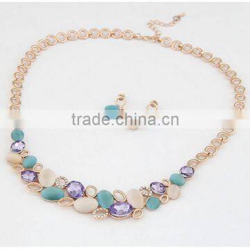 High Quality Crystal Jewelry Sets Opal Colorful Stone Hollow Circle Gold Plated Statement Chain Necklaces And Earring Sets