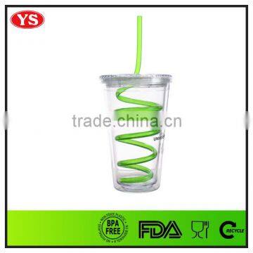 16oz Bpa Free Double Wall Plastic Cup With Spiral Straw
