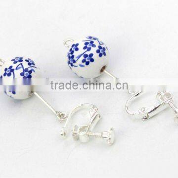 blue flower printed Qinghua porcelain ball shaped drop earings with clips