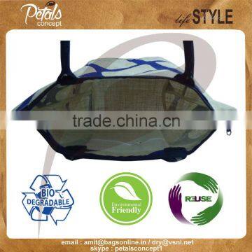 Jute Shopping Bags With Padded Rope Handle - Net Texture Print - Bag With Pocket photo-4