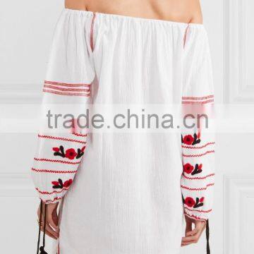 Latest Boho Clothing Mexican Off-The-Shoulder Embroidered Cotton Mini Dress Design For Ladies Machine Embroidery HSD5855 photo-4