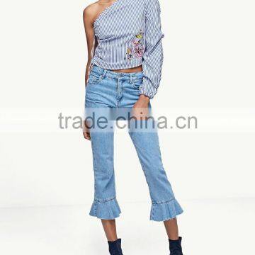 2017 Latest Design Embroidried Cotton Stripe One Side Shoulder Sexy Top for Clothing Women photo-5