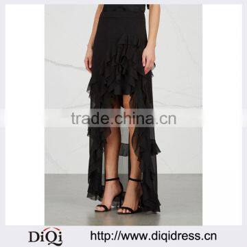 Wholesale Women Apparel Ruffled Trims Black Chiffon Maxi Skirt(DQE0346SK)