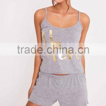 MGOO Slogan Grey Pyjama Short Set 100%Cotton Summer Slip Pajamas Custom Logo Golden Ink Print PJ Set photo-5