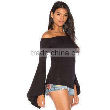 100% Rayon Solid Color Black Bell Sleeve off Shoulder Bardot Top photo-3
