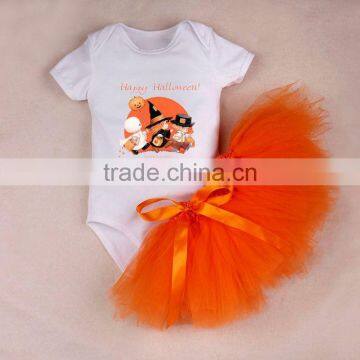 High quality children clothes cotton T-shirt orange ruffles skirt halloween kids outfit