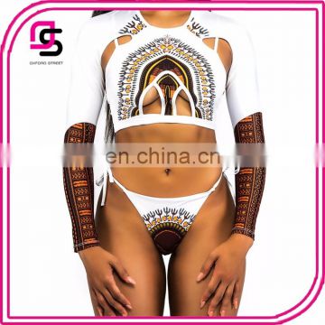 Sexy African Print Women Tight Sexy Long Sleeve Swimsuit Elastic Thong Monokini Bikini