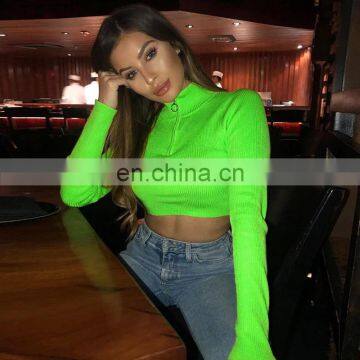 Hot Wholesale Women's Ladies Sexy Long Sleeve Zipper Skinny Thin Crop Top