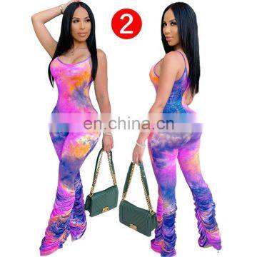 In Stock RTS Spaghetti Strap Sleeveless Bodycon Vestidos Streetwear Tie-Dyed Stracked Long Pants Woman Onesie Pajamas Jumpsuit photo-5
