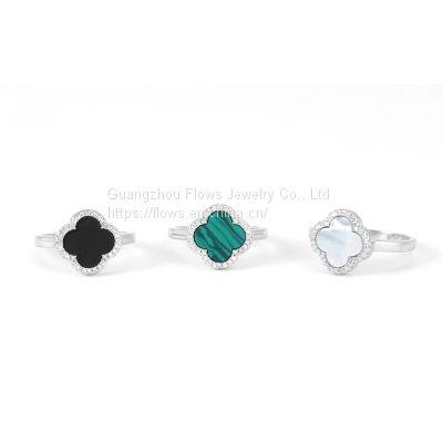 S925 Sterling Silver Four-leaf Clover Ring Female Agate Zircon Rings Simple Style Ring photo-4