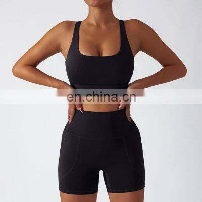 Fashion gym fitness sets with logo black high waist activewear for women 2023 sport bra and short set biker short set