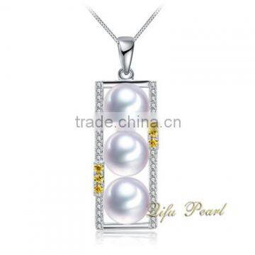 2015 14K White Gold Jewelry 3-Pearl Jewelry Freshwater Pearl Pendant 14Carat Gold Mountings Pearl Pendant Necklace