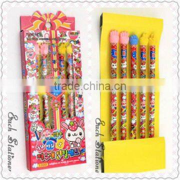 2012 hot sales 7inch hot transfer parinting cartoon pencil set with eraser top 5 pieces gift stationery set