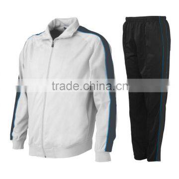 Tracksuit/Training Suit/Jogging Suit made of 100% Polyester Tricot 220 gsm White/Black with Sky Blue Piping