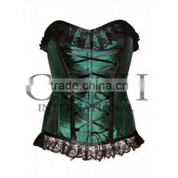 Overbust steel boned corset with front lacing in Green Satin Ci-1129