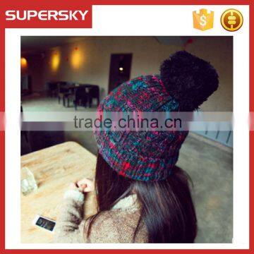 V-312 Fashionistas slouchy winter knitting women top beanie hat with pom cute knit earflap