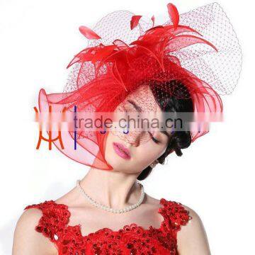 New Arrival Ladies Red Fancy Hair Accessories Facinators Hats With Elegant Feather / Net For Wedding