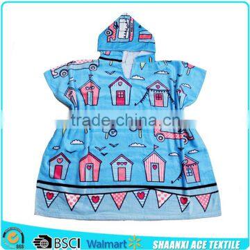 100% Cotton fiber reactive printed blue sky children hooded bath towel velour cloth children hooded bath towel