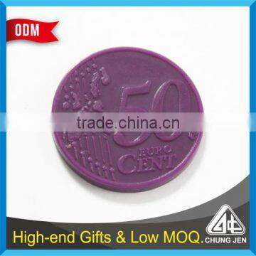 China Supplier custom colors 50 cent embossed plastic trolley coin