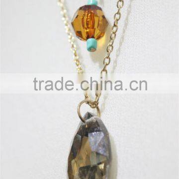 Newest Double Layered Elegant Smoked Topaz Glass w/ Brown Bead & Turquoise Seedbead Pendant Necklace 2016 Fashion Wholesale photo-4